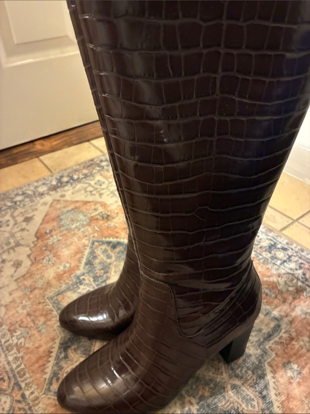 Anne Klein Dark Brown Croc-Embossed Over-the-Knee Boots - Picture 4 of 7